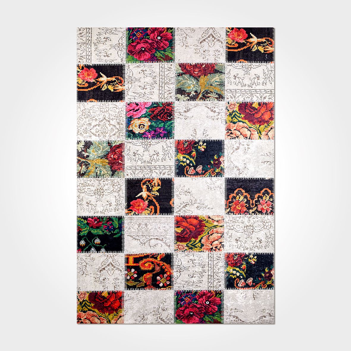 Dekozer Patchwork Çiçekli Kaymaz Taban Yıkanabilir Dijital Baskı Halı DKB1069