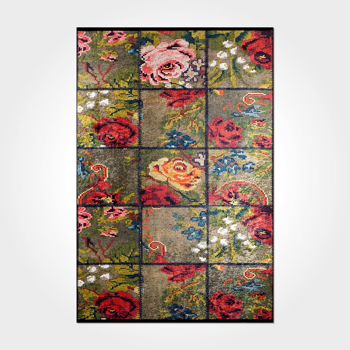 Otantik Kırmızı Gül Desenli Patchwork Baskı Kilim - DKB1070