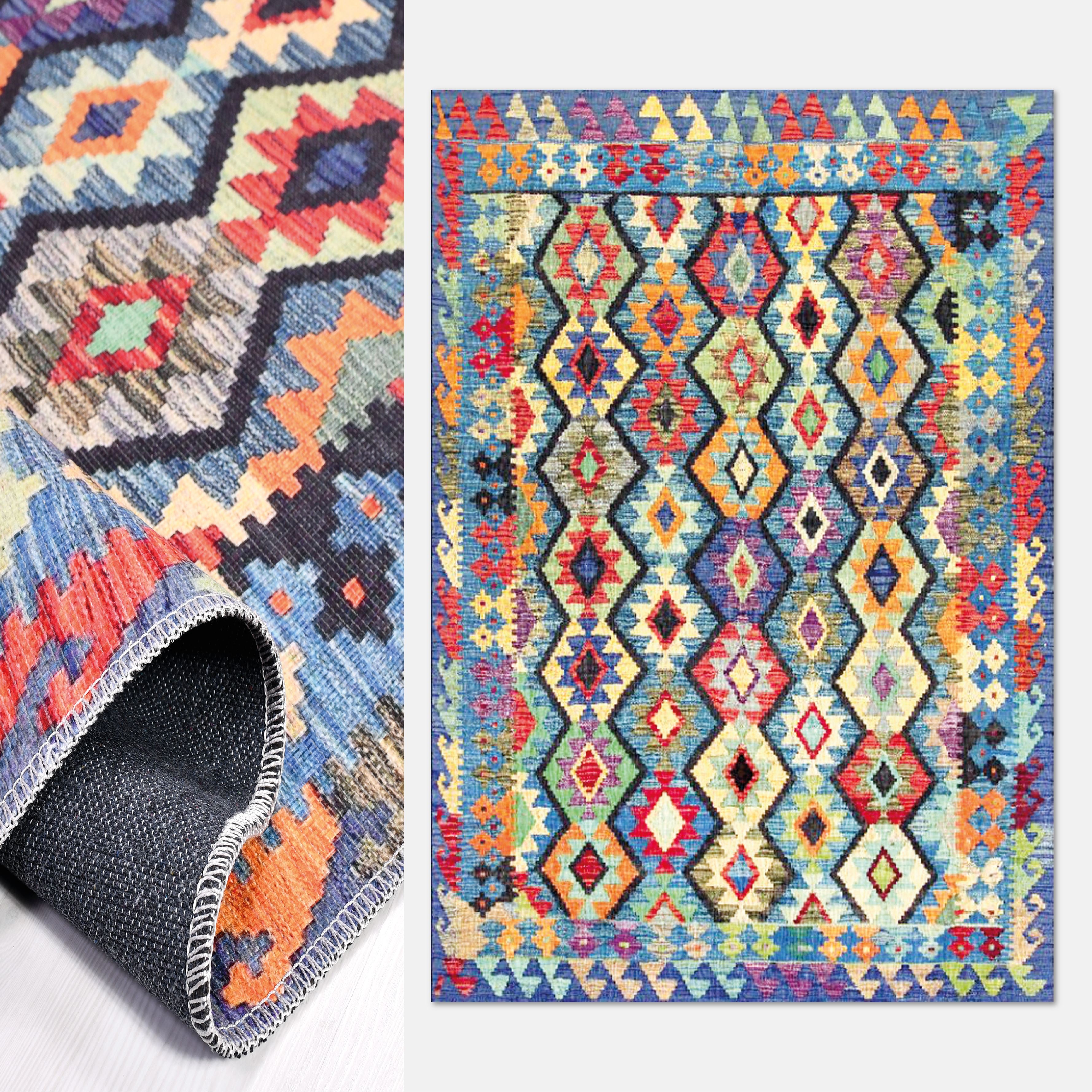 Çok Renkli Otantik Eskitme Toz Tutmaz Baskı Kilim - DK91314