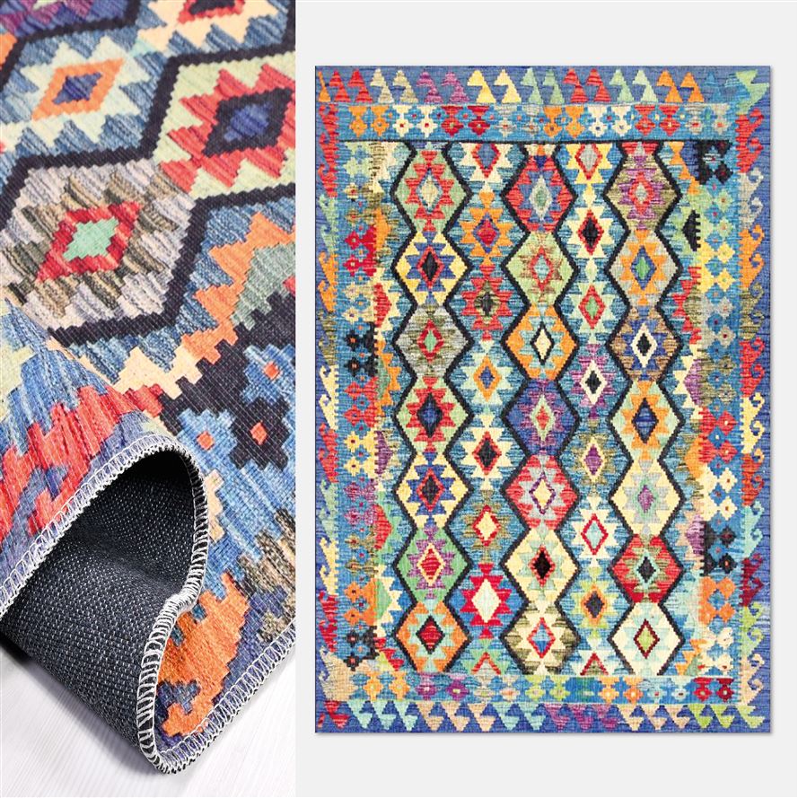 Çok Renkli Otantik Eskitme Toz Tutmaz Baskı Kilim - DK91314