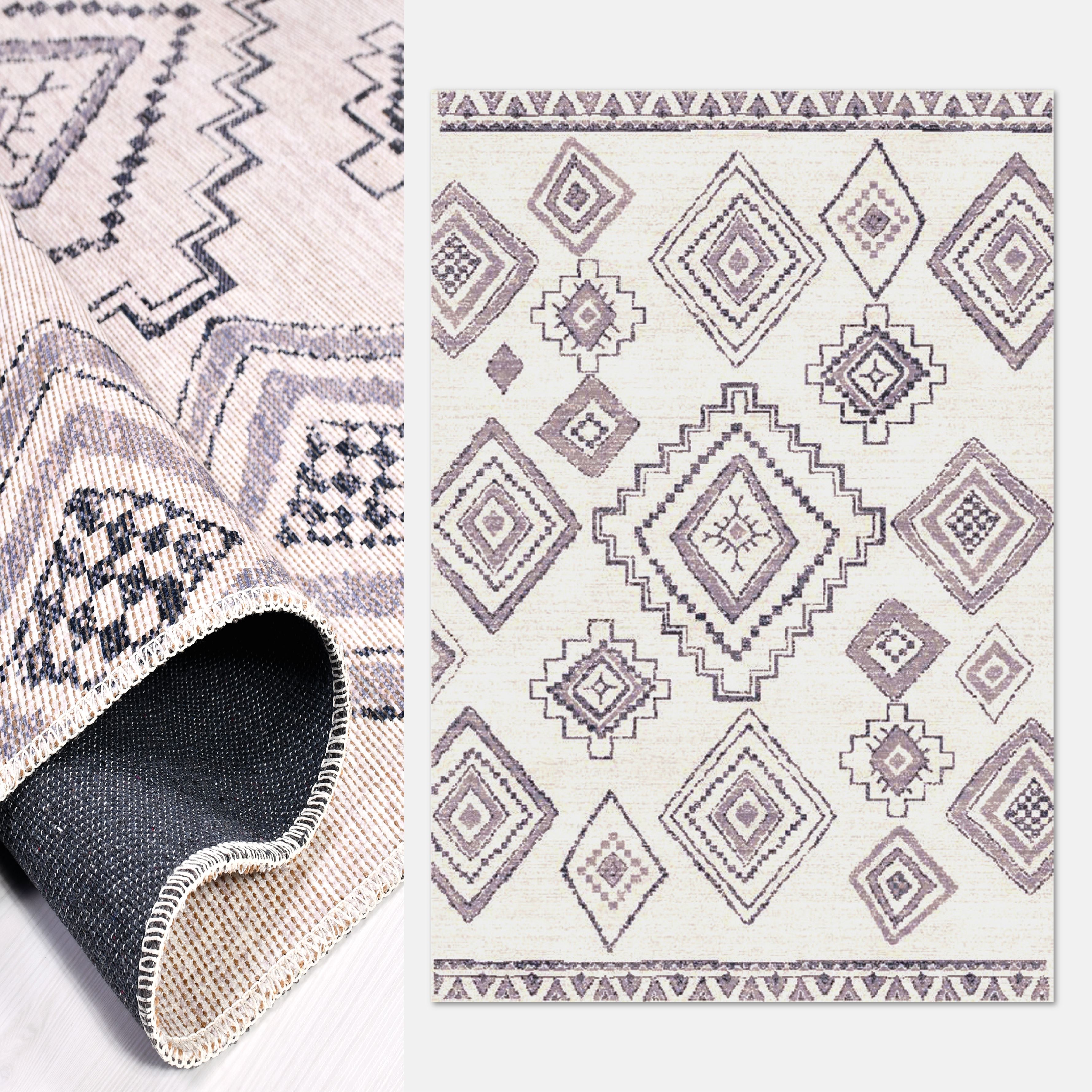 Siyah Beyaz Otantik Eskitme Toz Tutmaz Baskı Kilim - DK91316