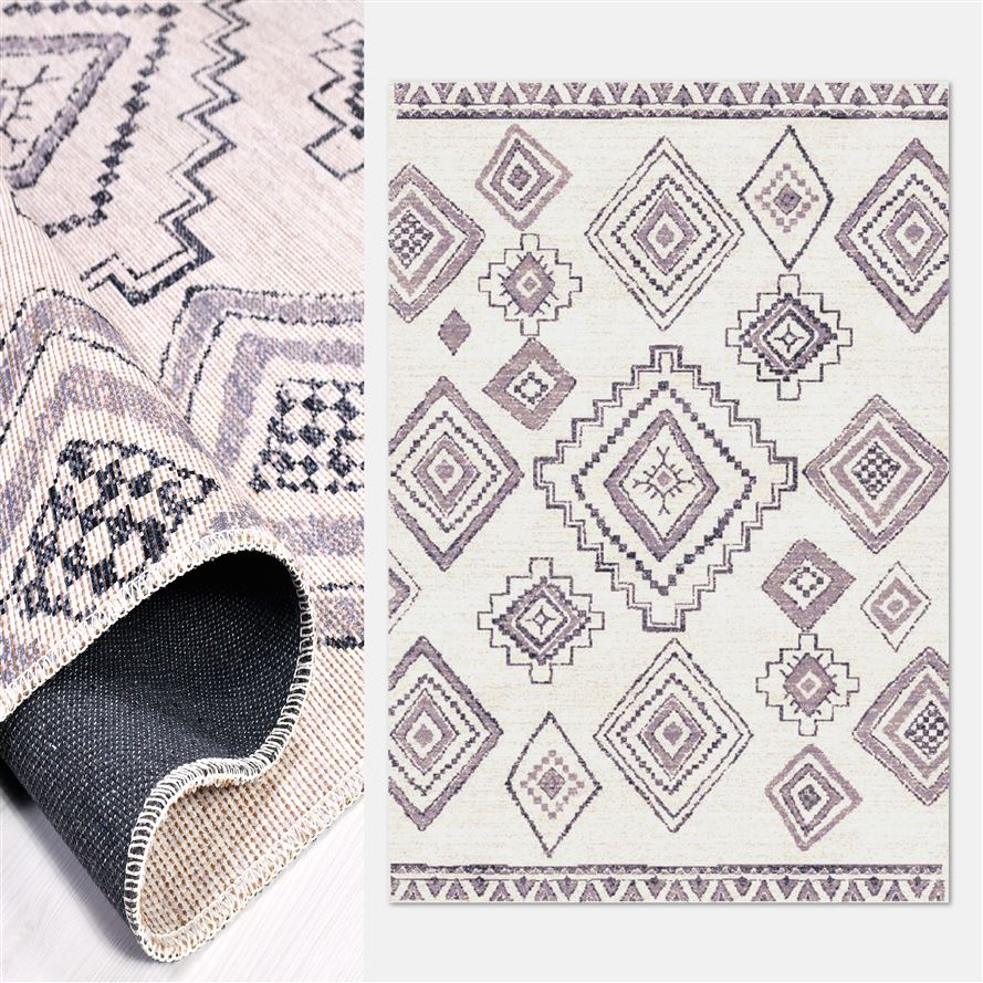 Siyah Beyaz Otantik Eskitme Toz Tutmaz Baskı Kilim - DK91316
