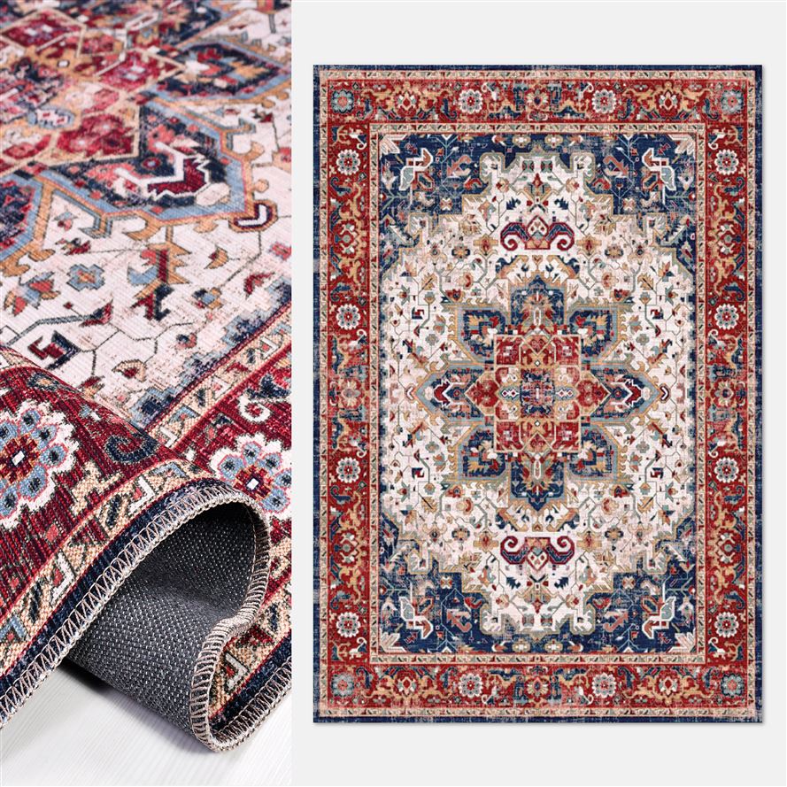 Otantik Desen Kırmızı Eskitme Toz Tutmaz Baskı Kilim - DK91323
