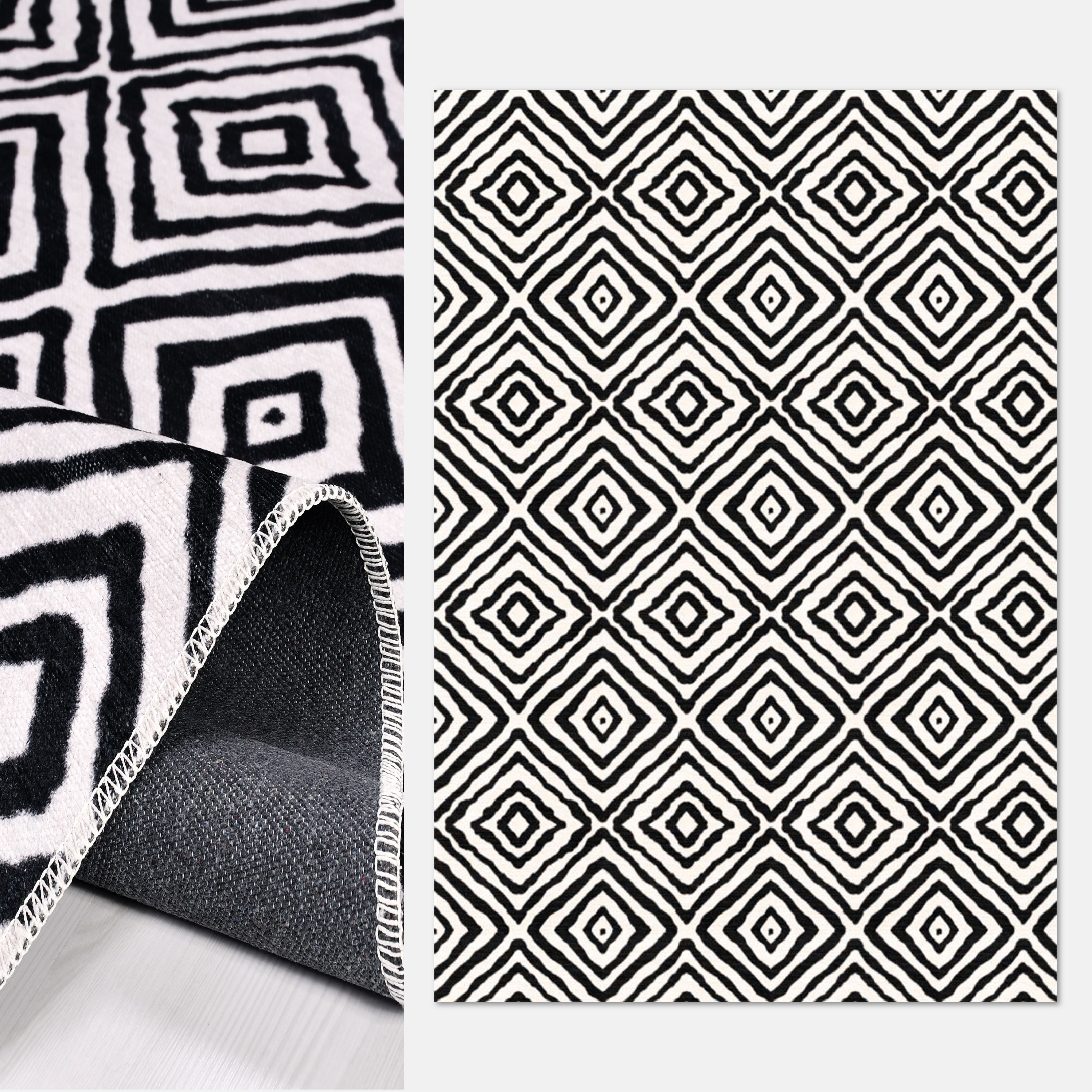 Bej Siyah Geometrik Desen Toz Tutmaz Baskı Halı - DK91328