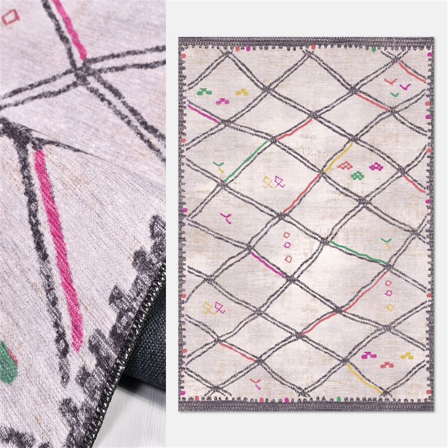 Beyaz Gri Otantik Desen Toz Tutmaz Baskı Kilim - DK91333