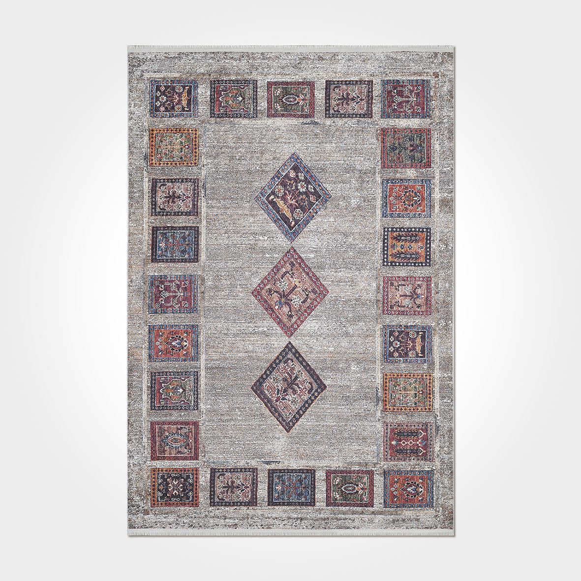 İskandinav Çizgi Desenli Otantik Kenar Bordürlü Gri Renkli Baskılı Kilim - DKB3058