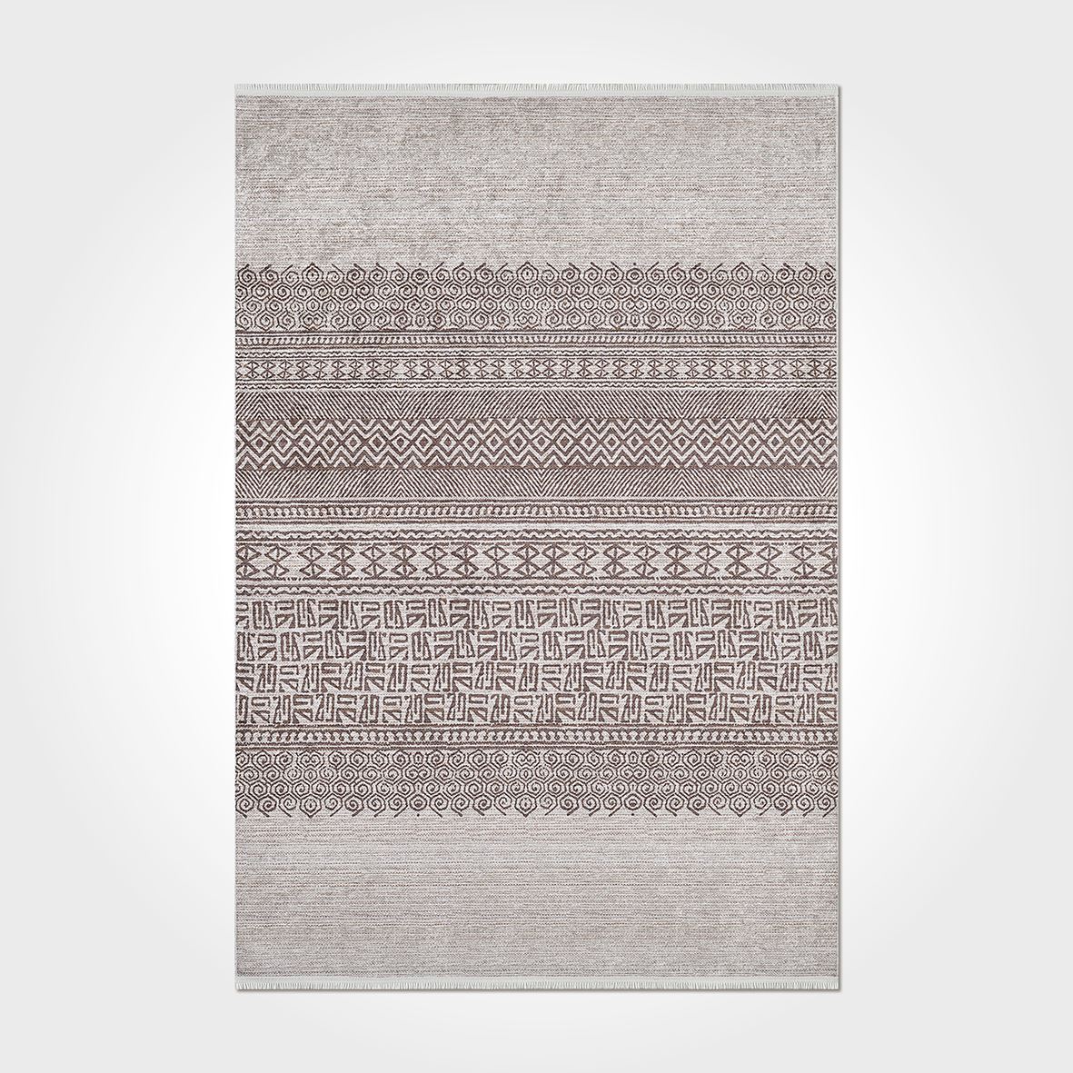 İskandinav Çizgi Desenli Otantik Bej - Kahve Renkli Baskılı Kilim - DKB3067
