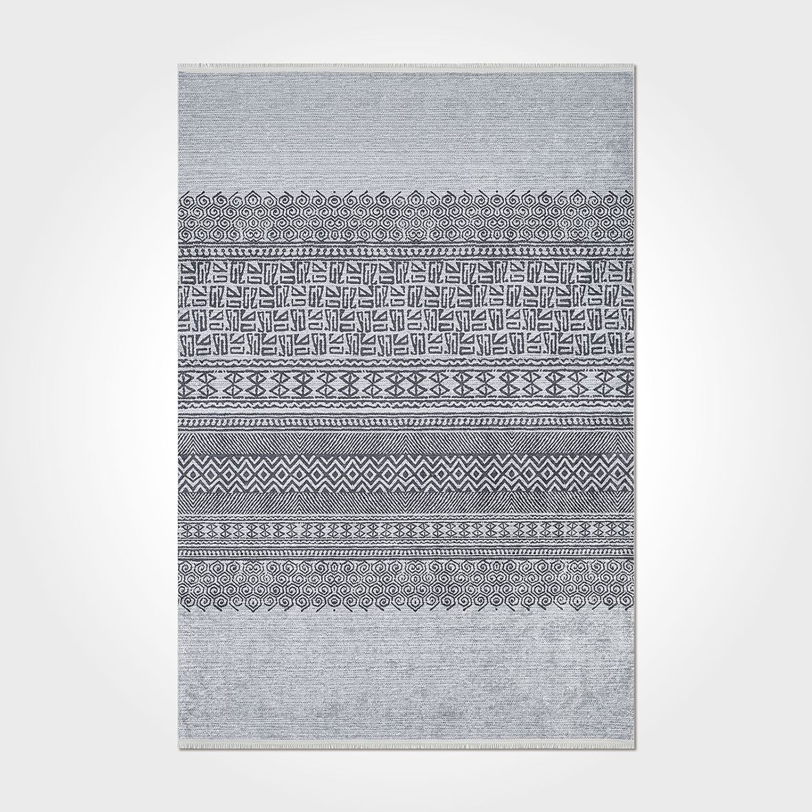 İskandinav Çizgi Desenli Otantik Açık Gri - Siyah Renkli Baskılı Kilim - DKB3068