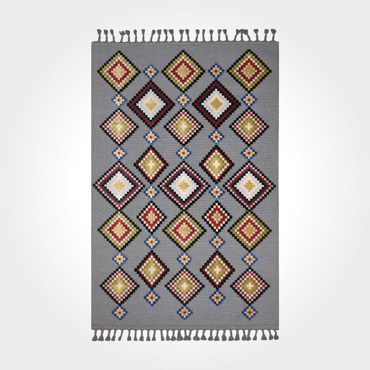 Gri Geometrik Desen Saçaklı Kilim - DK89234